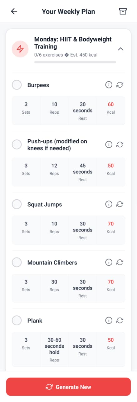 Adaptive AI-generated workout plan and exercise tracker on the Fit n Lean app