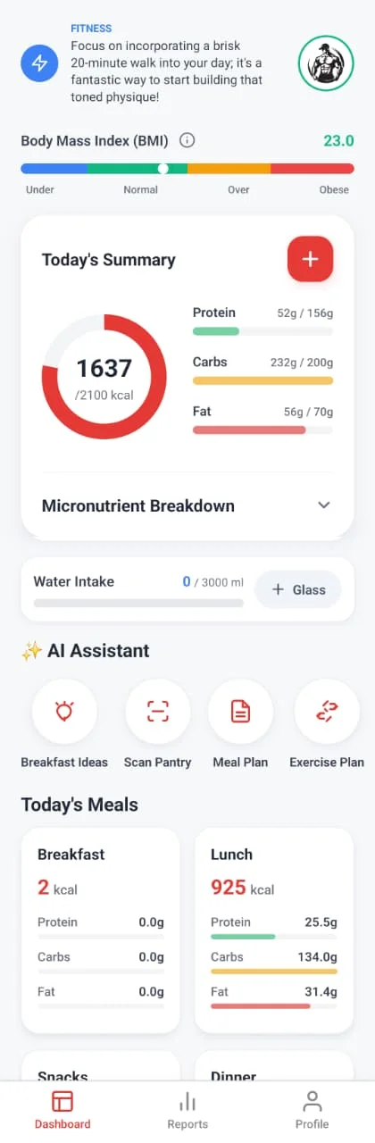 Fit n Lean app dashboard showing daily nutrition and AI assistant summary